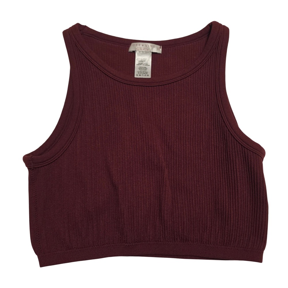 Rose + Vine Ribbed Knit Sleeveless High Neck Crop Tank Top Burgundy Maroon XS/S